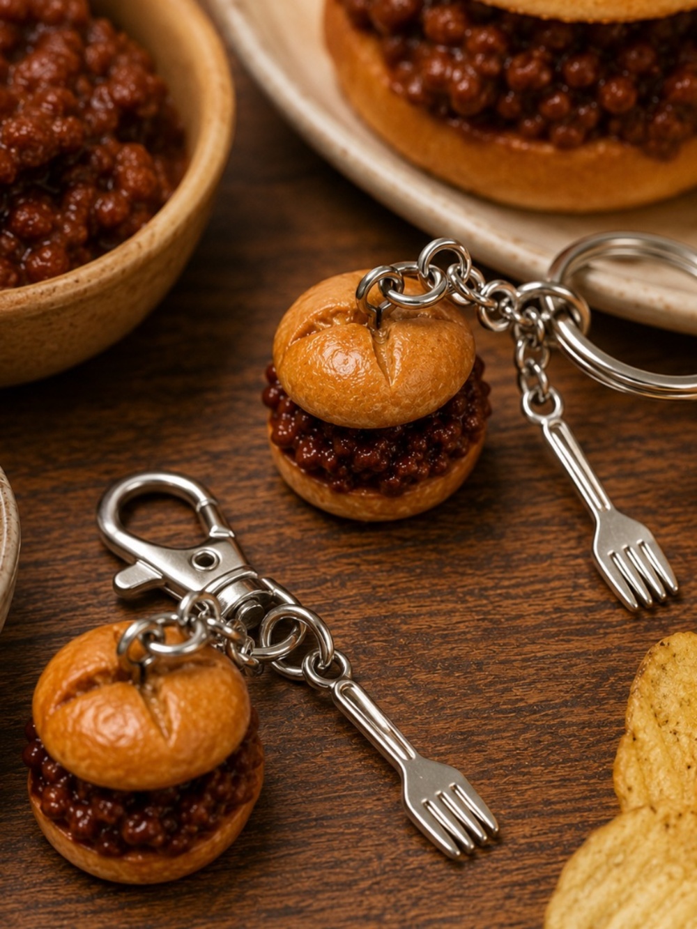 Sloppy Joe Keychain or Bag Clip | Handmade Sandwich with Fork Charm